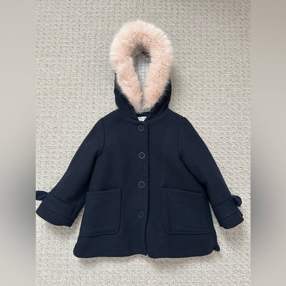 Zara Baby Kids Navy Blue Coat with Pink Fur Trim Bow Details Parka Sz 2/3yrs